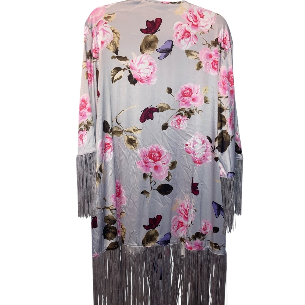 Victoria Secret NEW M/L floral satin fringe trim kimono - Picture 3 of 6